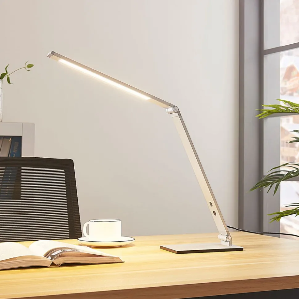 Lucande LED-skrivebordslampe Nicano, grå, metal, dæmpbar.