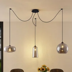 Lucande pendellampe Zyli, 3 lyskilder, røggrå, glas