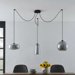 Lucande pendellampe Zyli, 3 lyskilder, røggrå, glas