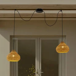 Lucande udendørs hængelampe Taniola, 2 lyskilder, beige, rattan, IP44
