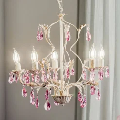 Lysekrone Kate, 5 lyskilder hvid, rosékrystaller