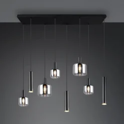 Mataro hængelampe, krom/sort, 118 cm, 8 lyskilder glas/metal