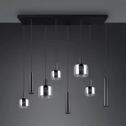 Mataro hængelampe, krom/sort, 118 cm, 8 lyskilder glas/metal