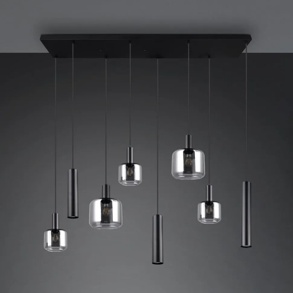 Mataro hængelampe, krom/sort, 118 cm, 8 lyskilder glas/metal