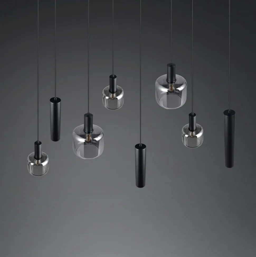 Mataro hængelampe, krom/sort, 118 cm, 8 lyskilder glas/metal