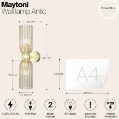 Maytoni væglampe Antic, 2 lyskilder, guld/amber, glas