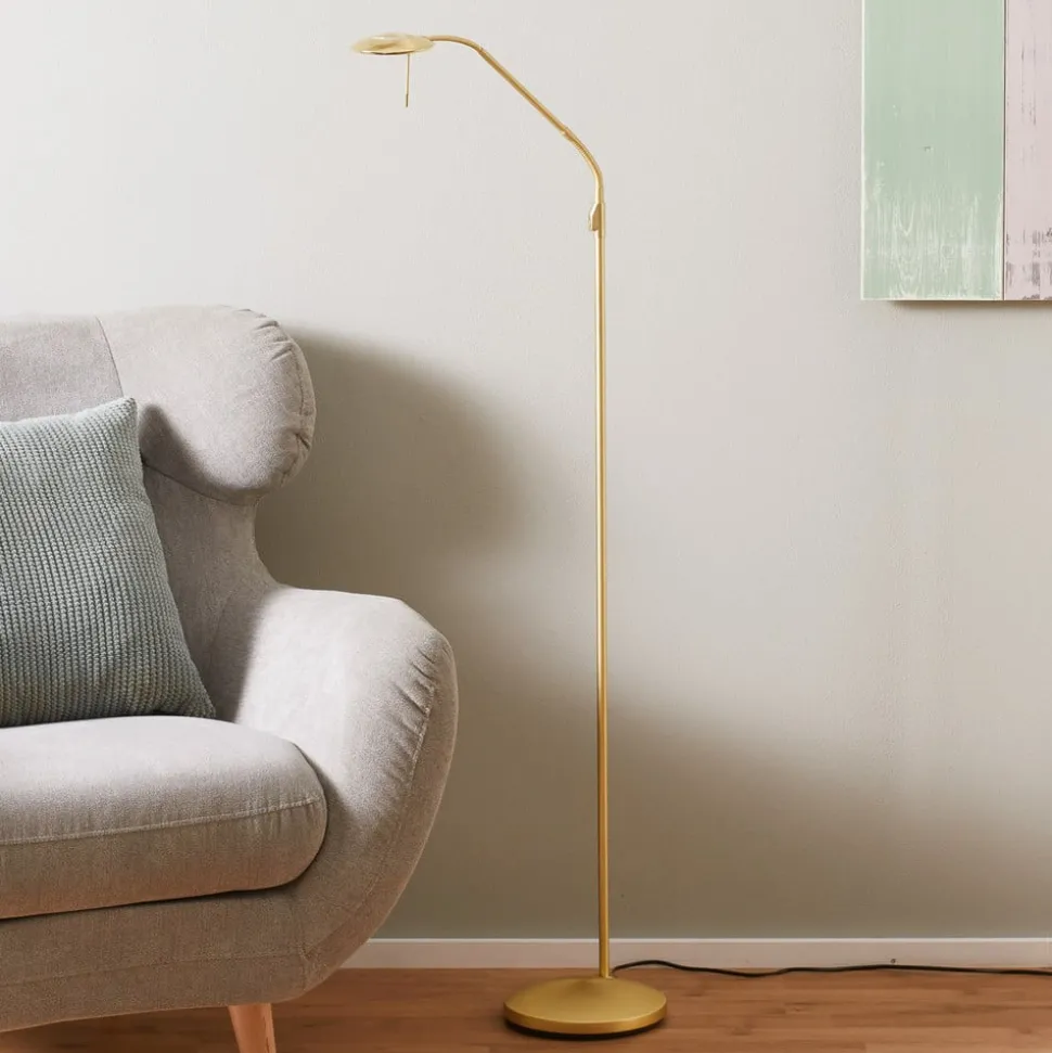 Messingfarvet LED-gulvlampe Zenith med lysdæmper