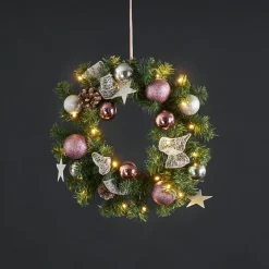 Noel LED-julekrans med sølv-/pinkfarvet dekoration