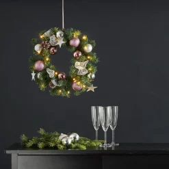 Noel LED-julekrans med sølv-/pinkfarvet dekoration