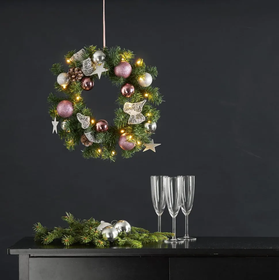 Noel LED-julekrans med sølv-/pinkfarvet dekoration