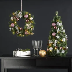 Noel LED-julekrans med sølv-/pinkfarvet dekoration