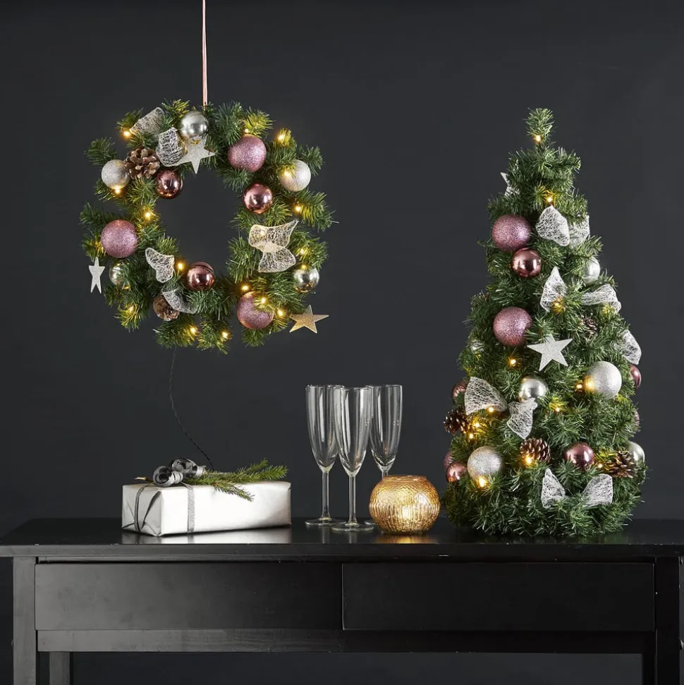Noel LED-julekrans med sølv-/pinkfarvet dekoration