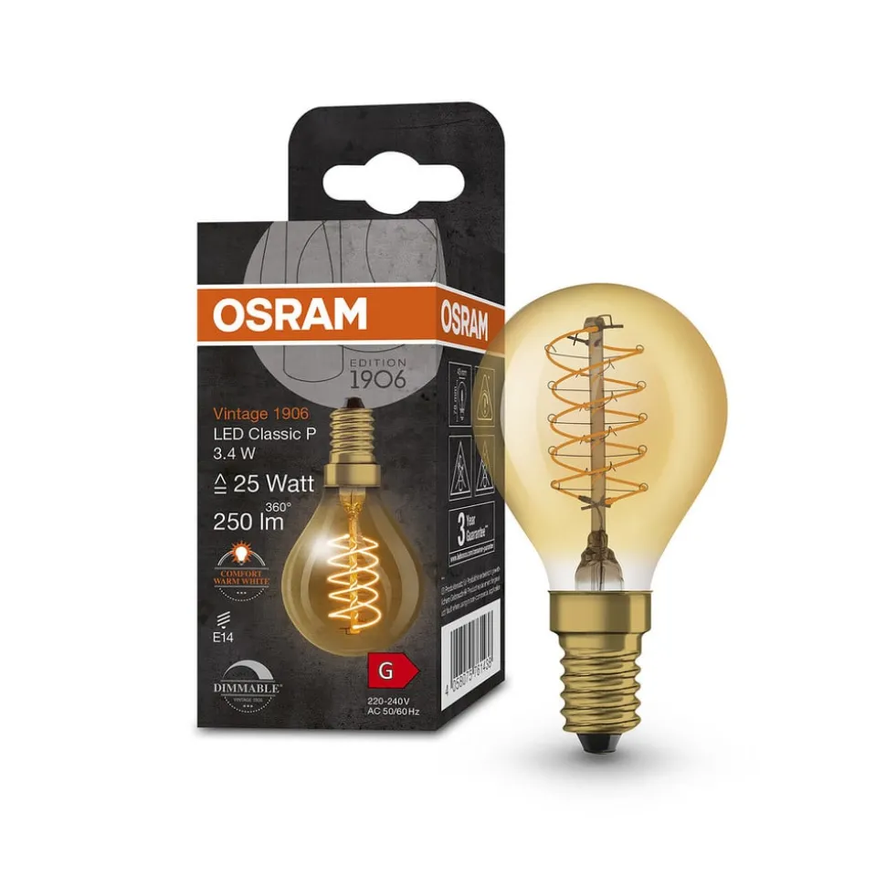 OSRAM 1906 E14 3,4W LED dråbe 822 guld dæmpbar