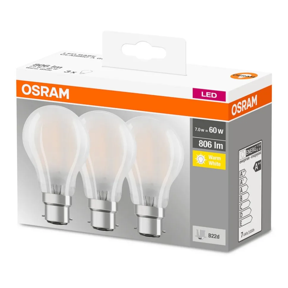OSRAM LED-pære B22d Classic 827 6,5W 3'er sæt