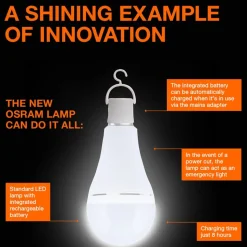 OSRAM LED-pære E27 8W mat 2700K genopladeligt batteri nødlys
