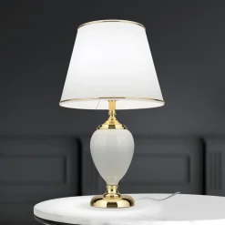 Ovum bordlampe, hvid/guldfarvet, højde 48 cm, keramik/chintz