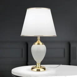 Ovum bordlampe, hvid/guldfarvet, højde 48 cm, keramik/chintz