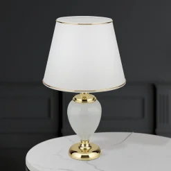 Ovum bordlampe, hvid/guldfarvet, højde 48 cm, keramik/chintz