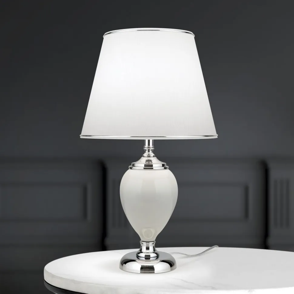 Ovum bordlampe, hvid/krom, højde 48 cm, keramik/chintz