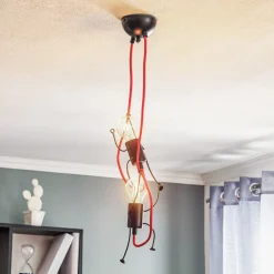 Pendellampe Bobi 2 i sort, kabel rød, 2 lyskilder.