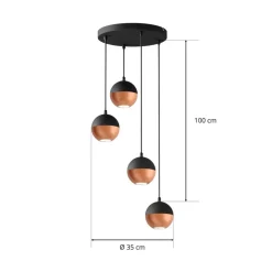 Pendellampe Midnight i sort/kobber 4 lyskilder, rund