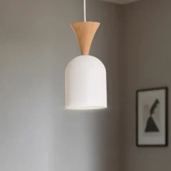Pendellampe Nolan, Ø 11 cm, hvid/eg, metal/træ