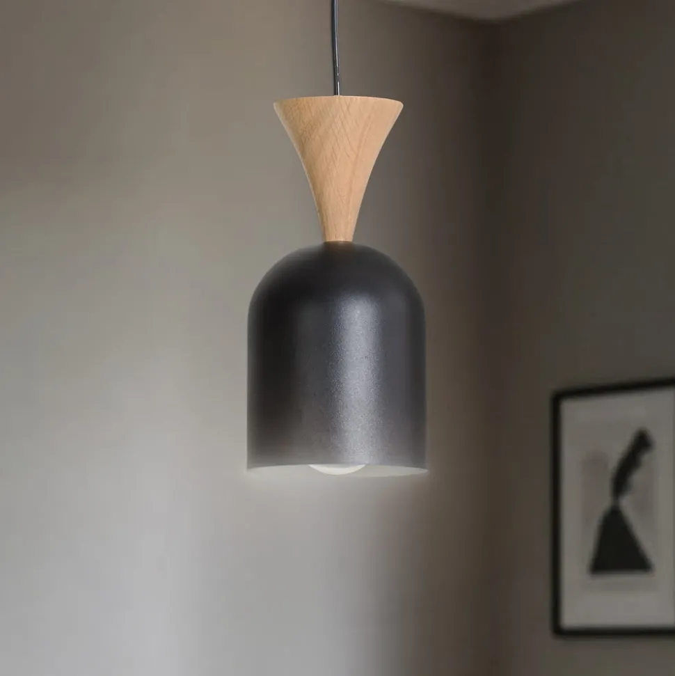 Pendellampe Nolan, Ø 11 cm, sort/eg, metal/træ