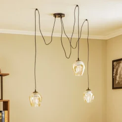 Pendellampe Starla, glas ravfarvet, 3 lyskilder decentreret