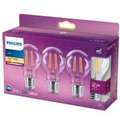 Philips LED-pære Classic E27 4,3W 2.700K klar 3stk