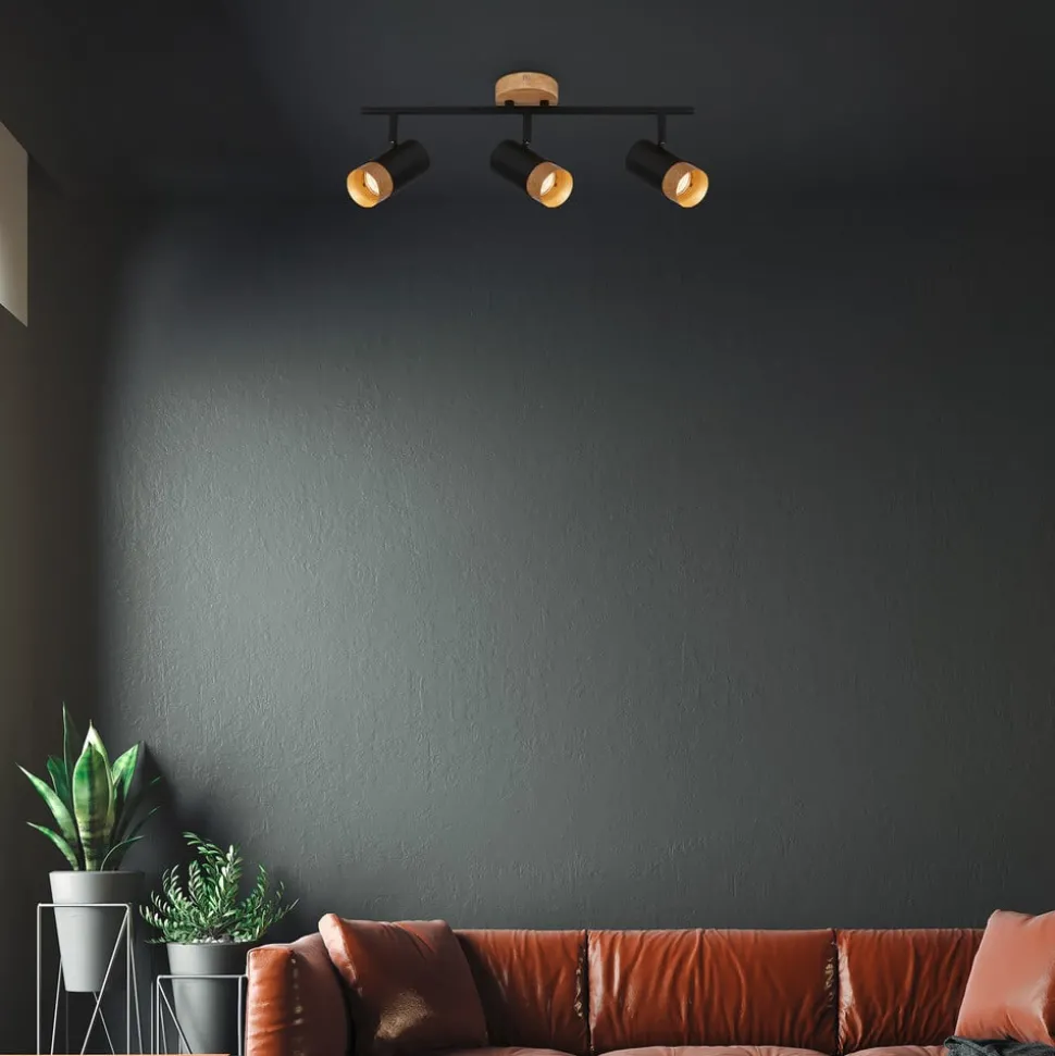 Plek loftspot GU10 sort/træ, 3 lyskilder