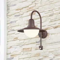 Sensor-udendørs væglampe NORMAN, rust, Ø 30 cm metal/glas IP44