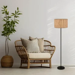 Slama gulvlampe, naturfarve, metal, søgræs, E27