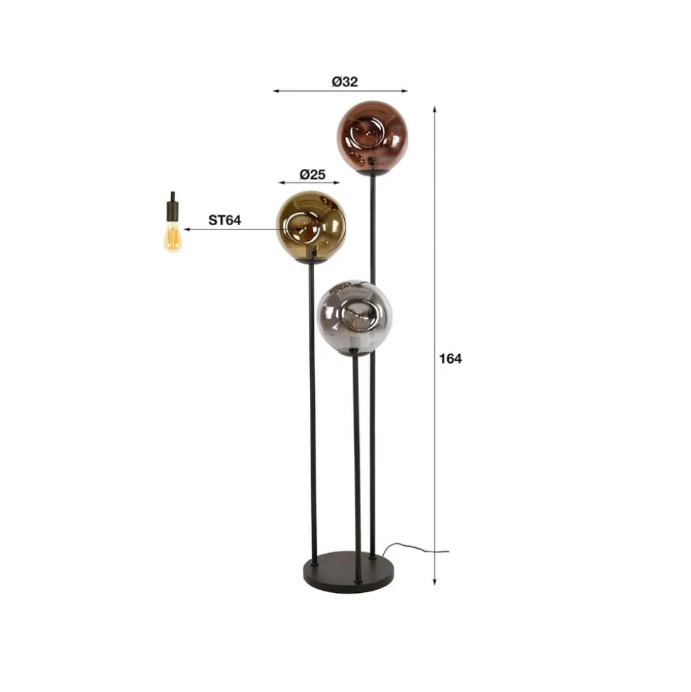 Stellar gulvlampe, 3 lyskilder, glas, metal, flerfarvet