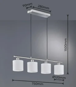 Tommy hængelampe, nikkel/hvid, længde 75 cm, 4-lys, stof
