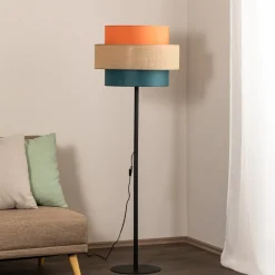 Trio gulvlampe, juteskærm, orange/naturbrun/petrol