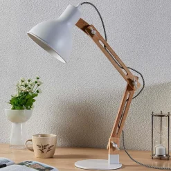 Træ-skrivebordslampe Shivanja med hvid skærm