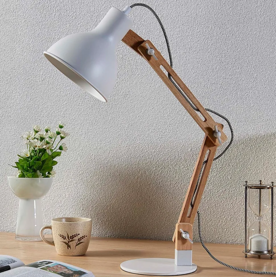 Træ-skrivebordslampe Shivanja med hvid skærm