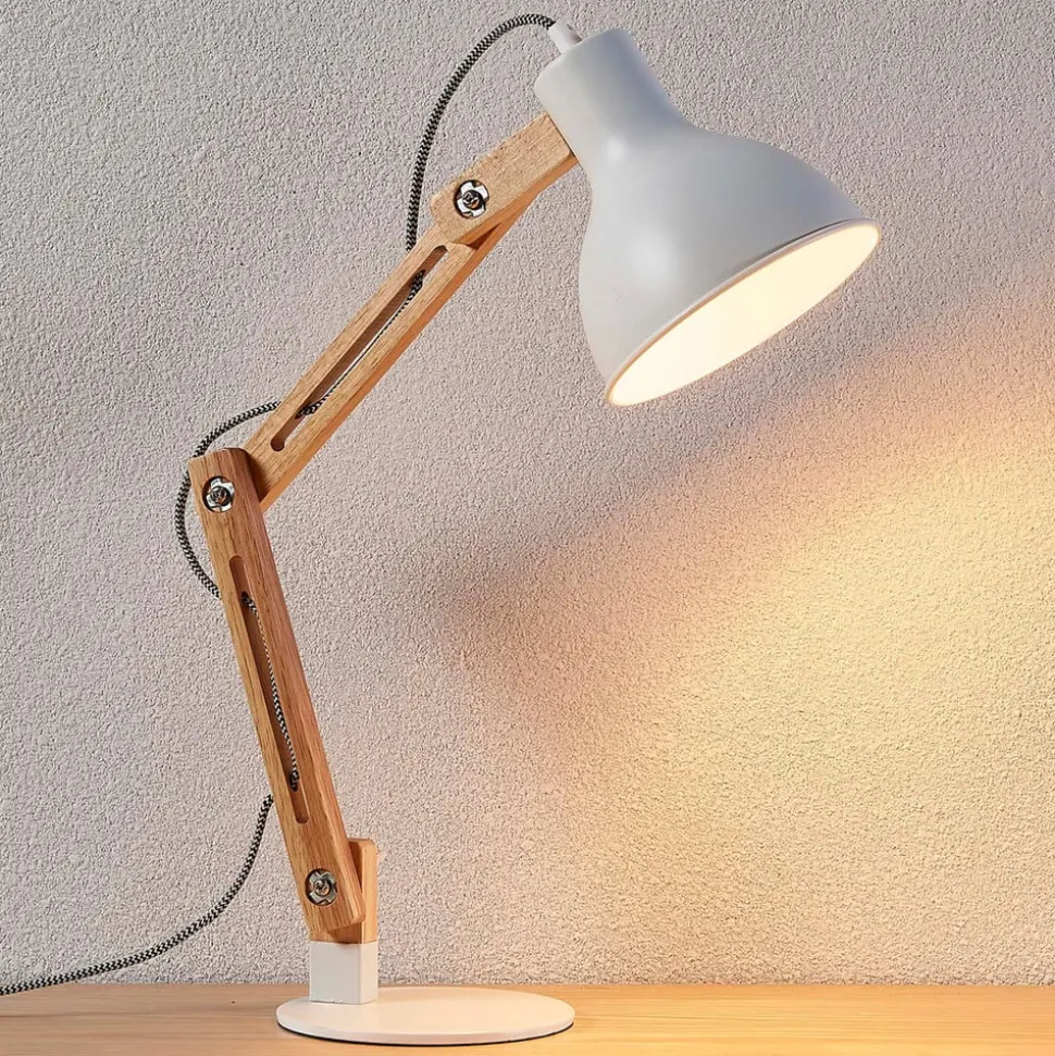 Træ-skrivebordslampe Shivanja med hvid skærm