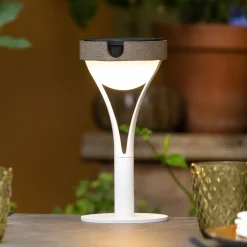 Tyble LED solcellebordlampe, hvid/teak, 2.700 K, 200 lm