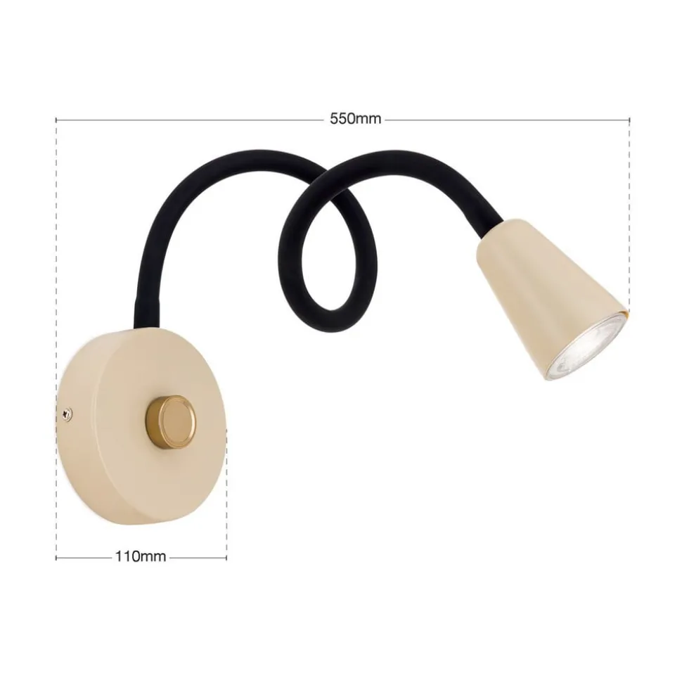Væglampe Dotty, khaki, fleksibel arm, dæmper, GU10