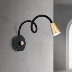 Væglampe Dotty, messingfarvet, fleksibel arm, dæmper, GU10
