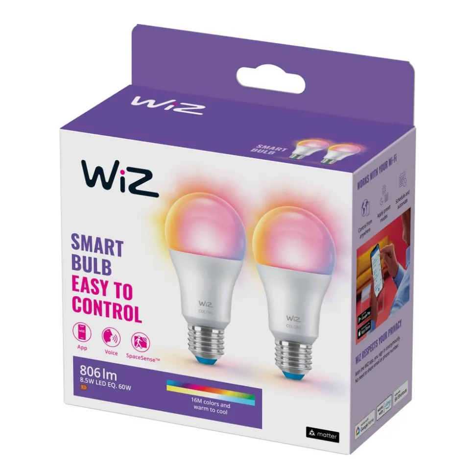WiZ A60 LED-pære mat WiFi E27 8,5W RGBW 2-pak